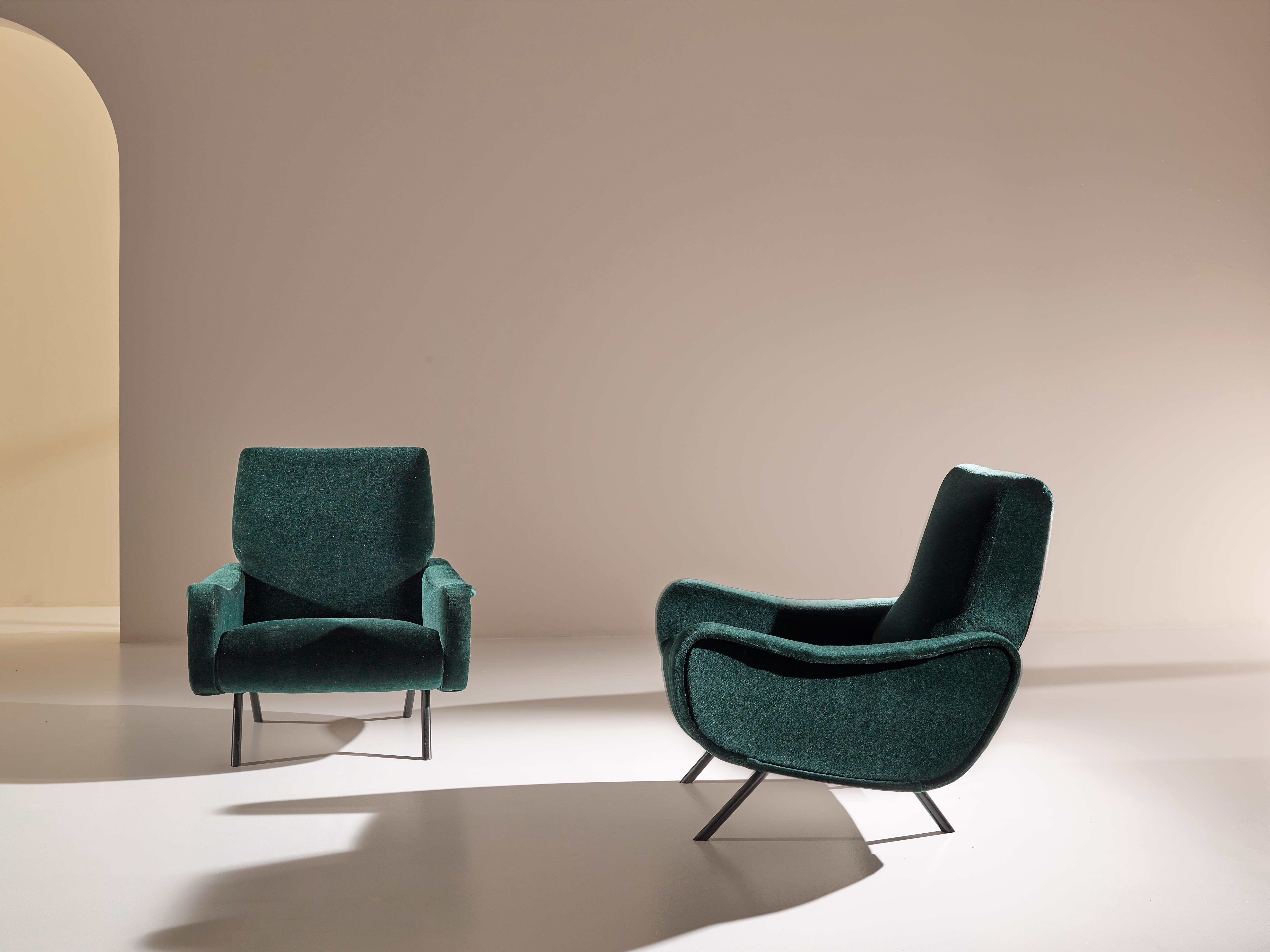 Marco Zanuso Early Pair of ''Lady'' Lounge Chairs Reupholstered in Green Velvet 2
