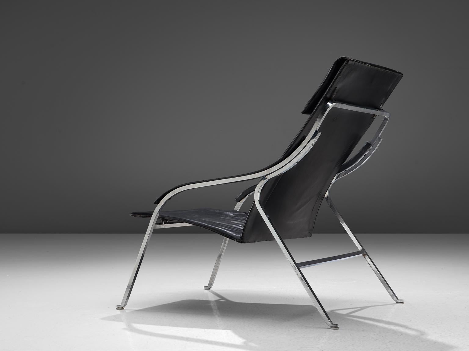 Marco Zanuso for Arflex, fourline lounge chair, black leather and steel, Italy, 1964.

This lounge chair by Zanuso remains among the best examples of armchairs designed by the architect. It is not only the ingenious slender design that