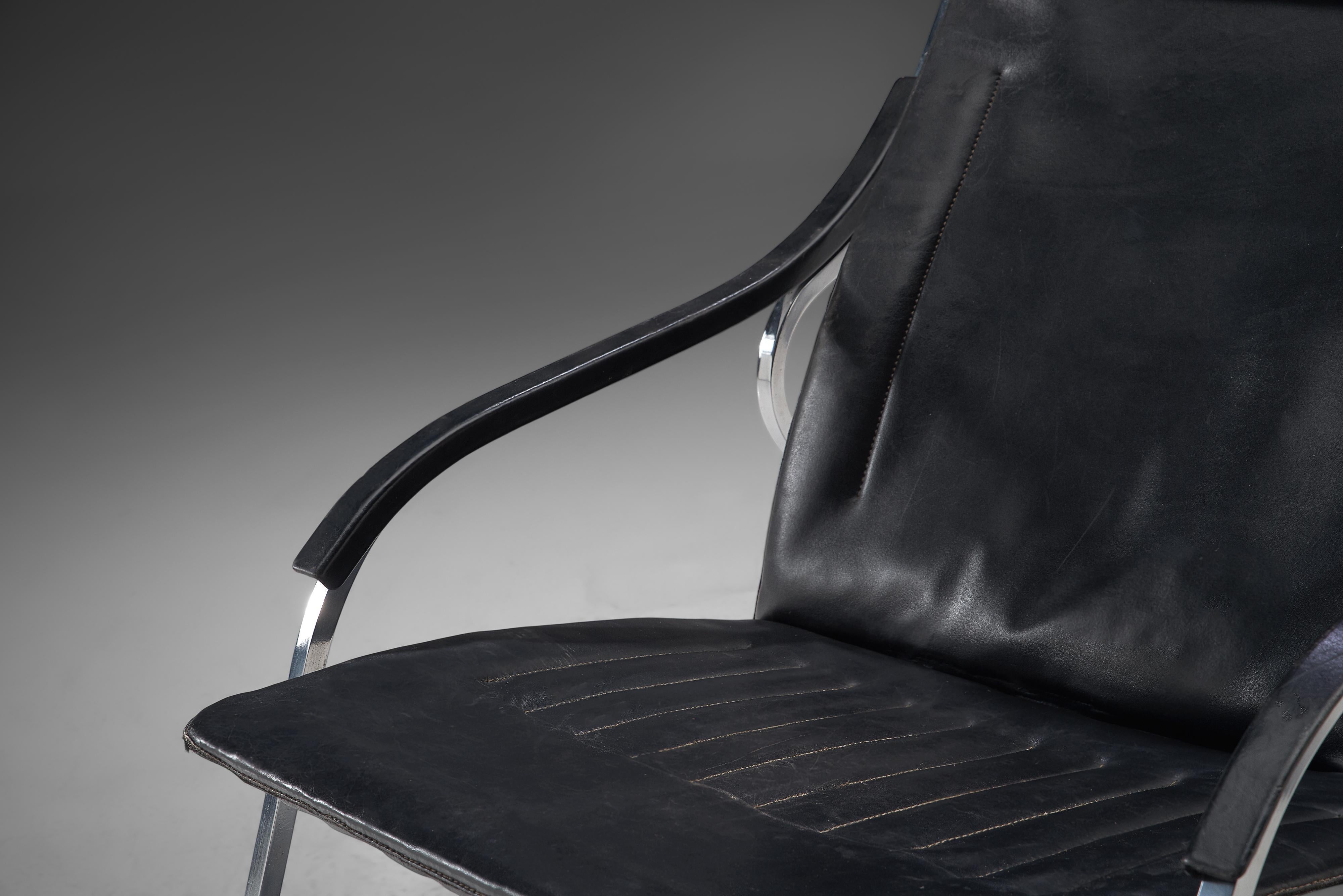 Mid-Century Modern Marco Zanuso pour Arflex Chaise 'Fourline' en cuir noir en vente