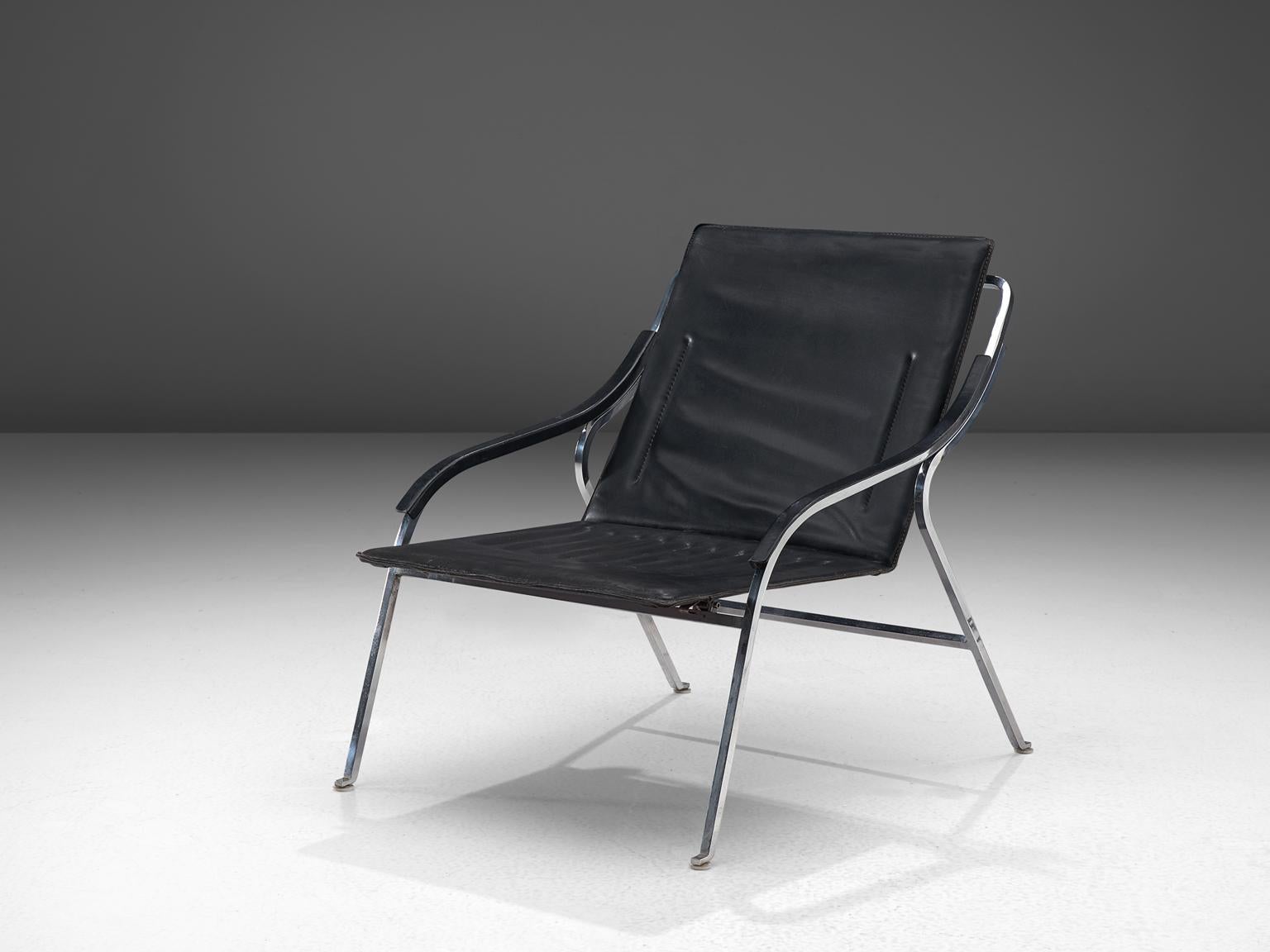 italien Marco Zanuso pour Arflex Chaise 'Fourline' en cuir noir en vente