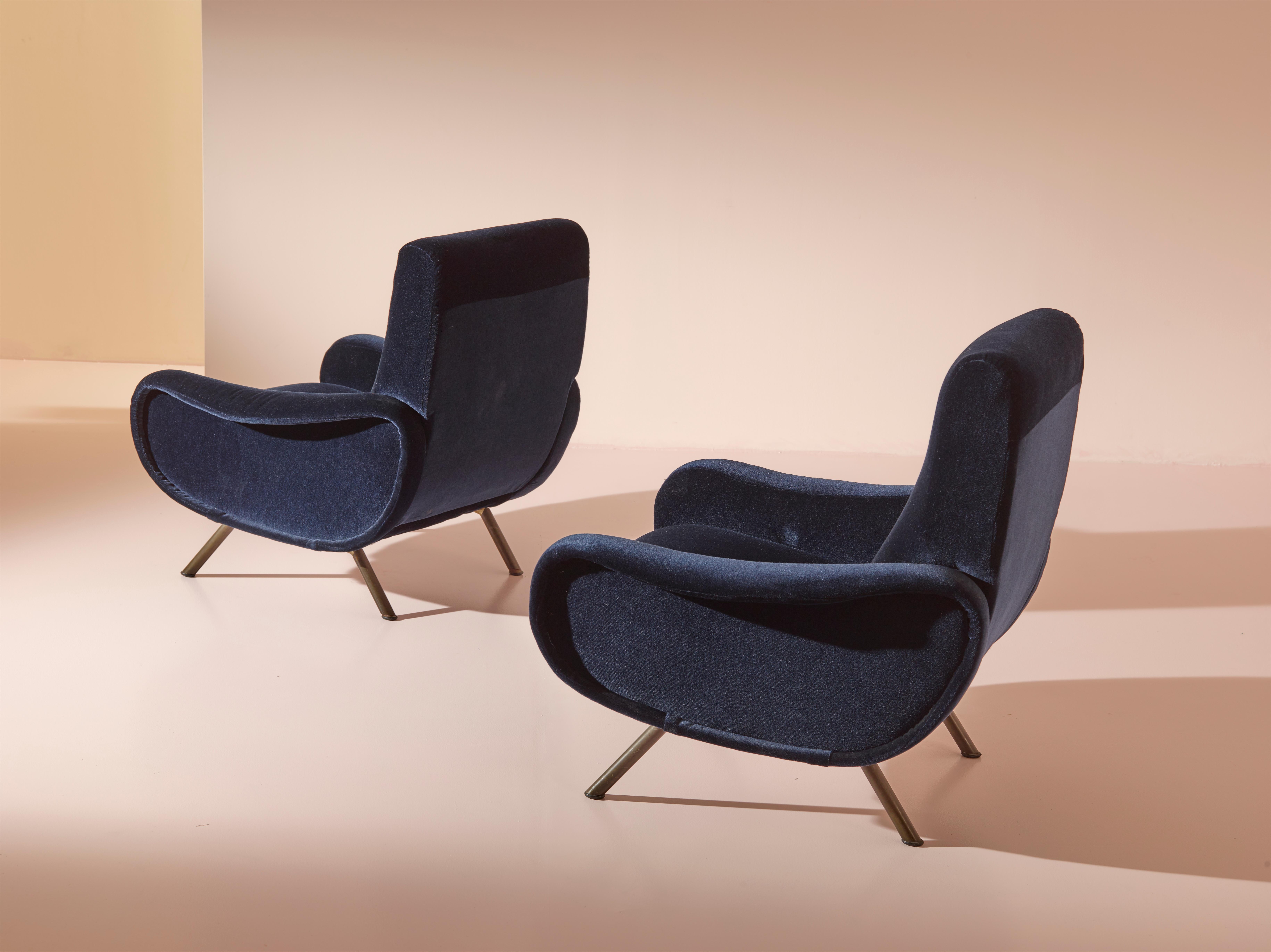 Marco Zanuso for Arflex, Italy, Pair of ''Lady'' Armchairs in Blue Cotton Velvet For Sale 5