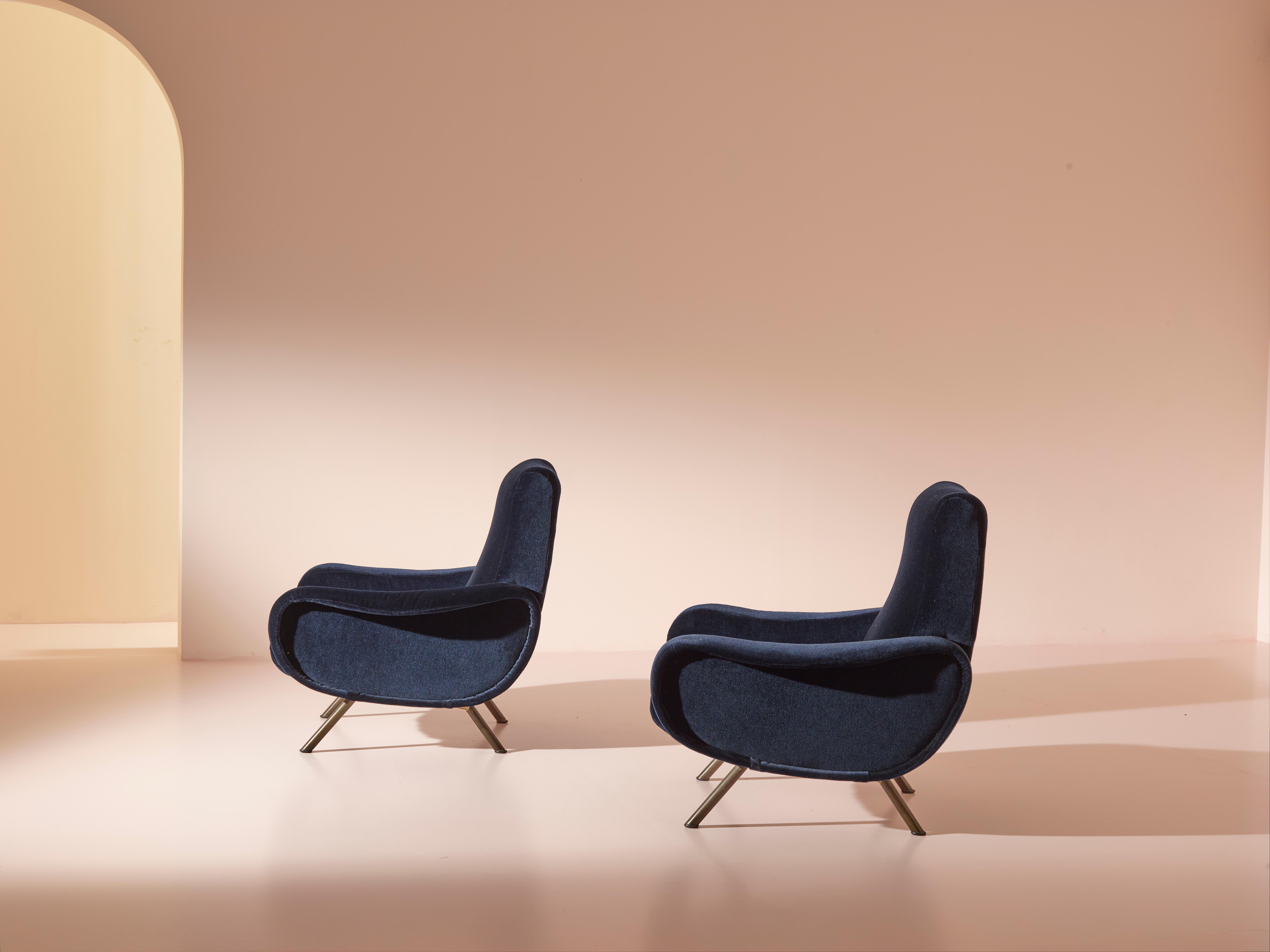 Marco Zanuso für Arflex, Italien, Paar Sessel „Lady“ aus blauem Baumwollsamt im Zustand „Gut“ im Angebot in Chiavari, Liguria