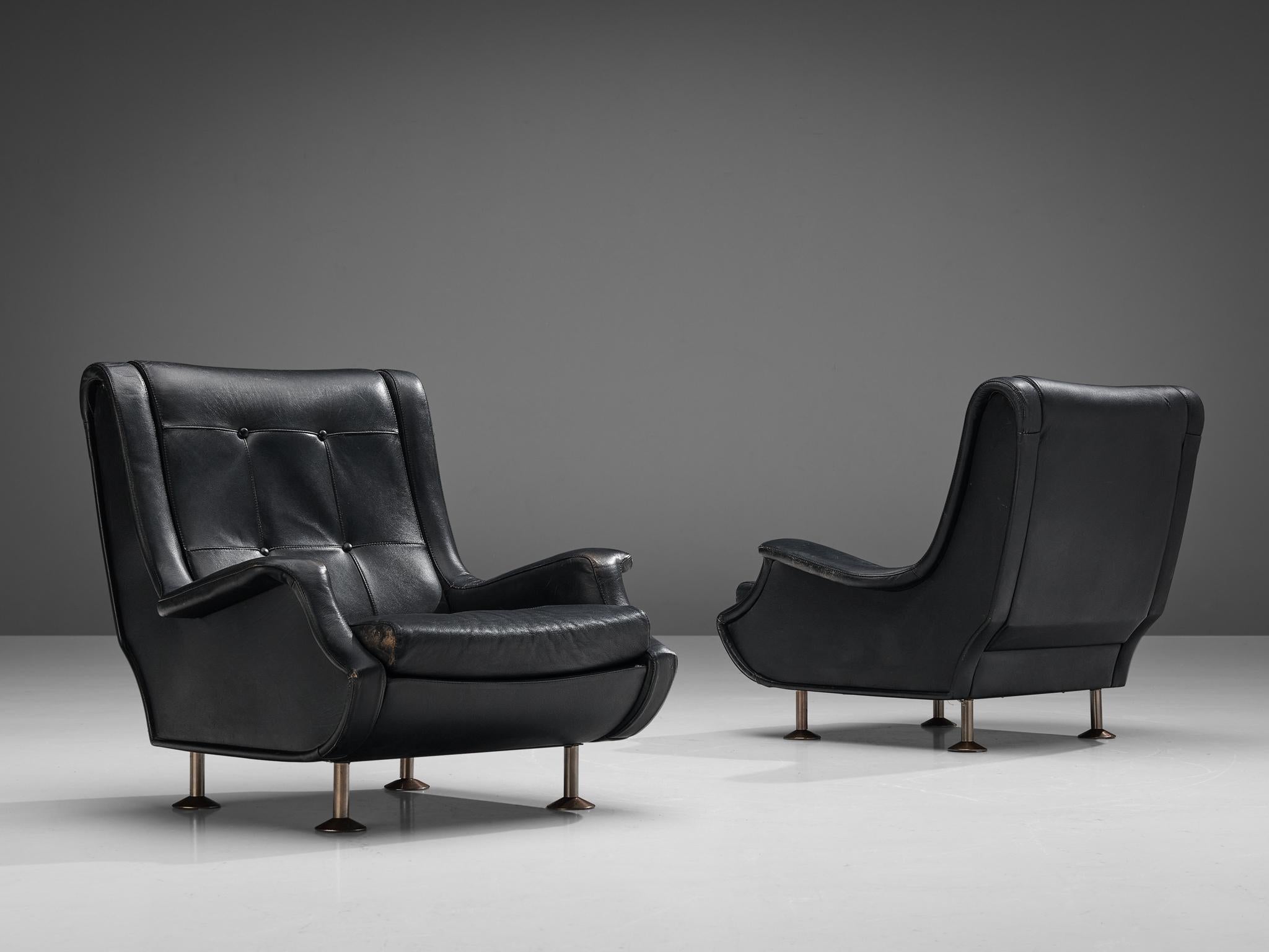 Marco Zanuso for Arflex Pair of Lounge Chairs in Black Leather 1