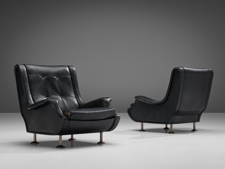 Marco Zanuso for Arflex Pair of Lounge Chairs in Black Leather For Sale 3