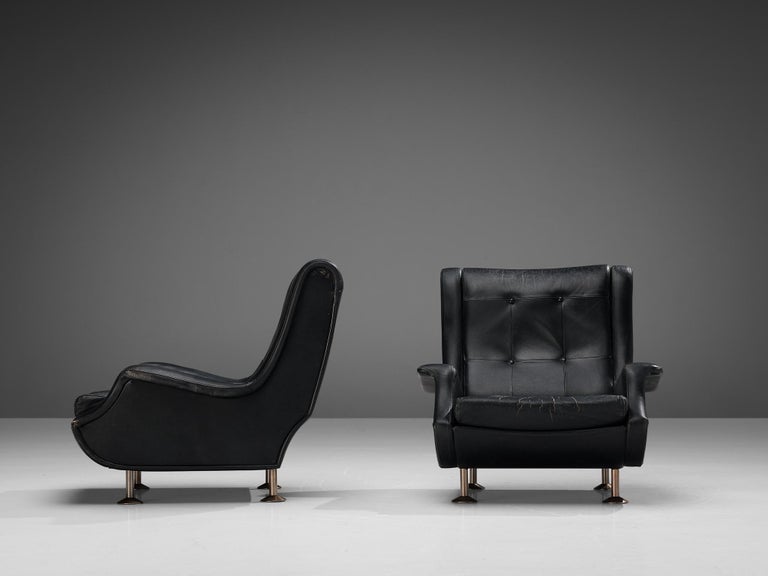 Marco Zanuso for Arflex Pair of Lounge Chairs in Black Leather For Sale 2