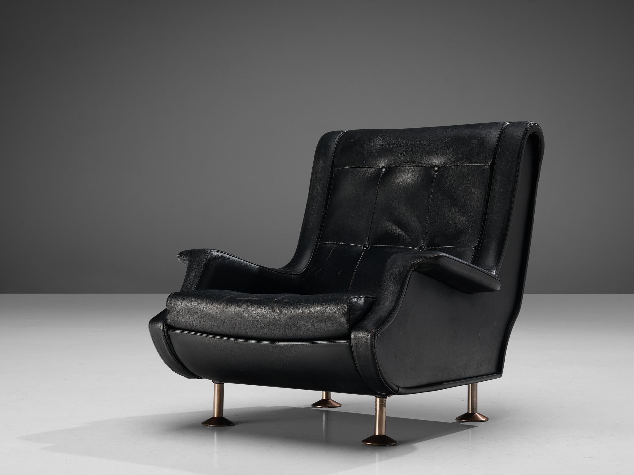 Mid-Century Modern Marco Zanuso for Arflex Pair of Lounge Chairs in Black Leather  For Sale