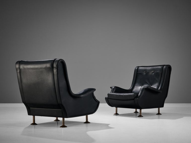 Italian Marco Zanuso for Arflex Pair of Lounge Chairs in Black Leather For Sale
