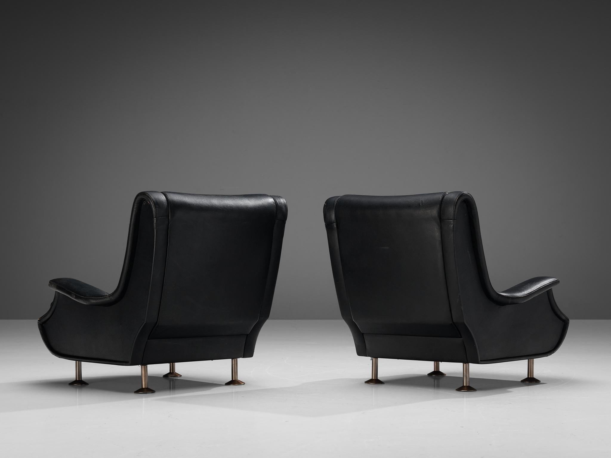 italien Marco Zanuso pour Arflex Paire de chaises longues en cuir noir  en vente
