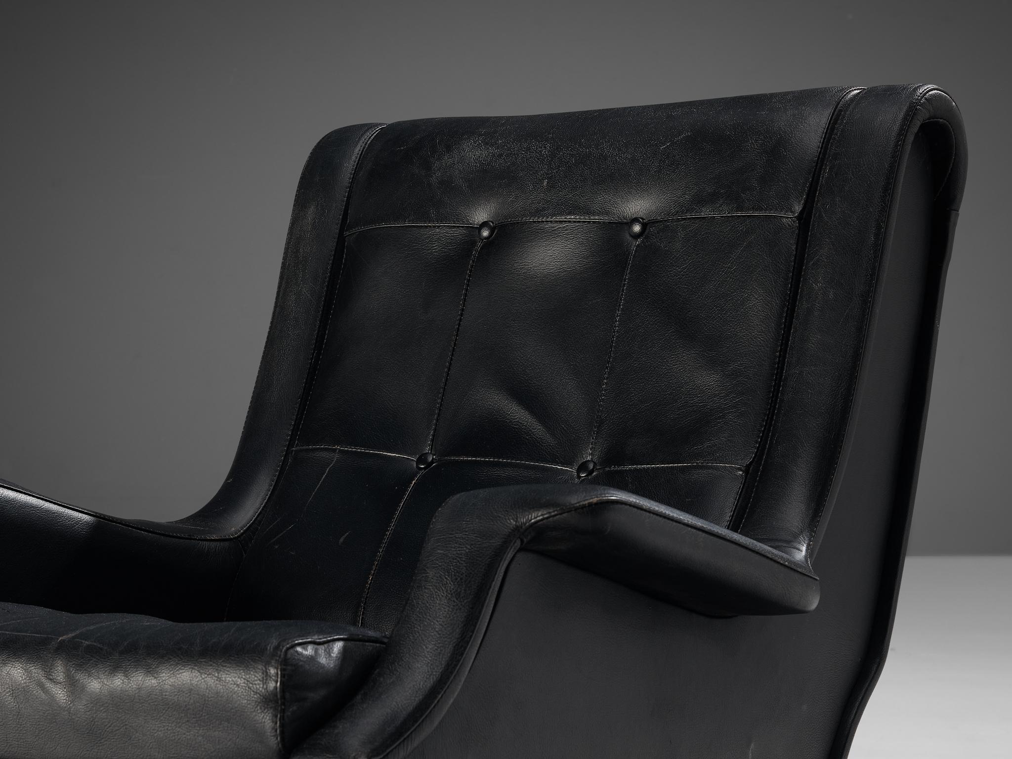 Italian Marco Zanuso for Arflex Pair of Lounge Chairs in Black Leather For Sale