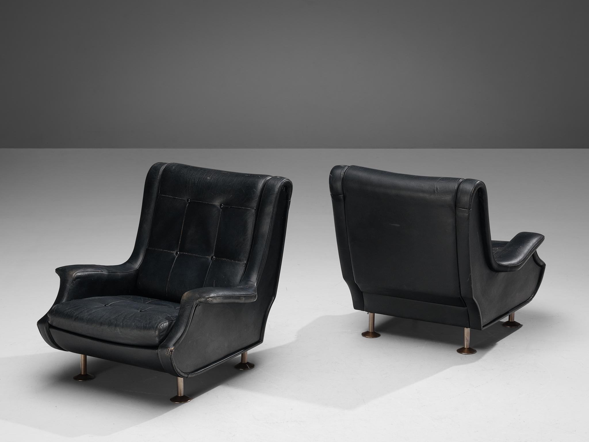Mid-20th Century Marco Zanuso for Arflex Pair of Lounge Chairs in Black Leather  For Sale