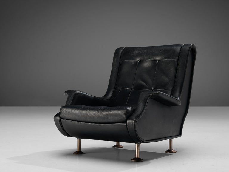 Metal Marco Zanuso for Arflex Pair of Lounge Chairs in Black Leather For Sale