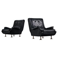 Marco Zanuso for Arflex Pair of Lounge Chairs in Black Leather