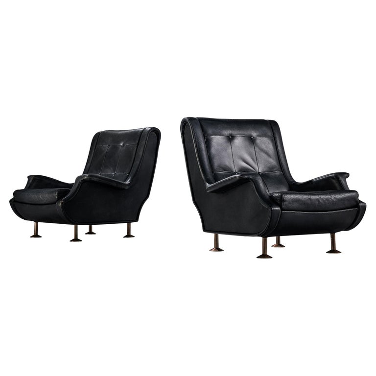Marco Zanuso for Arflex Pair of Lounge Chairs in Black Leather For Sale