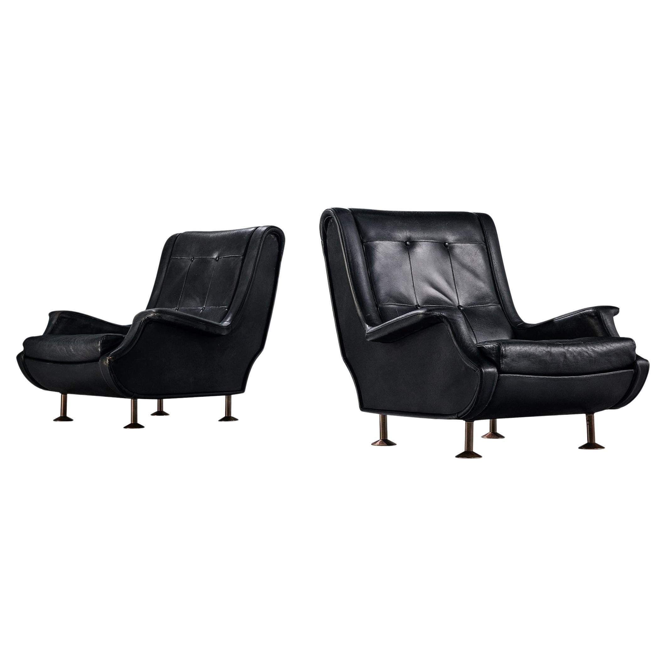 Marco Zanuso for Arflex Pair of Lounge Chairs in Black Leather  For Sale