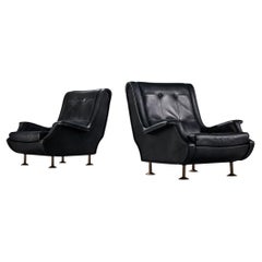 Marco Zanuso for Arflex Pair of Lounge Chairs in Black Leather 