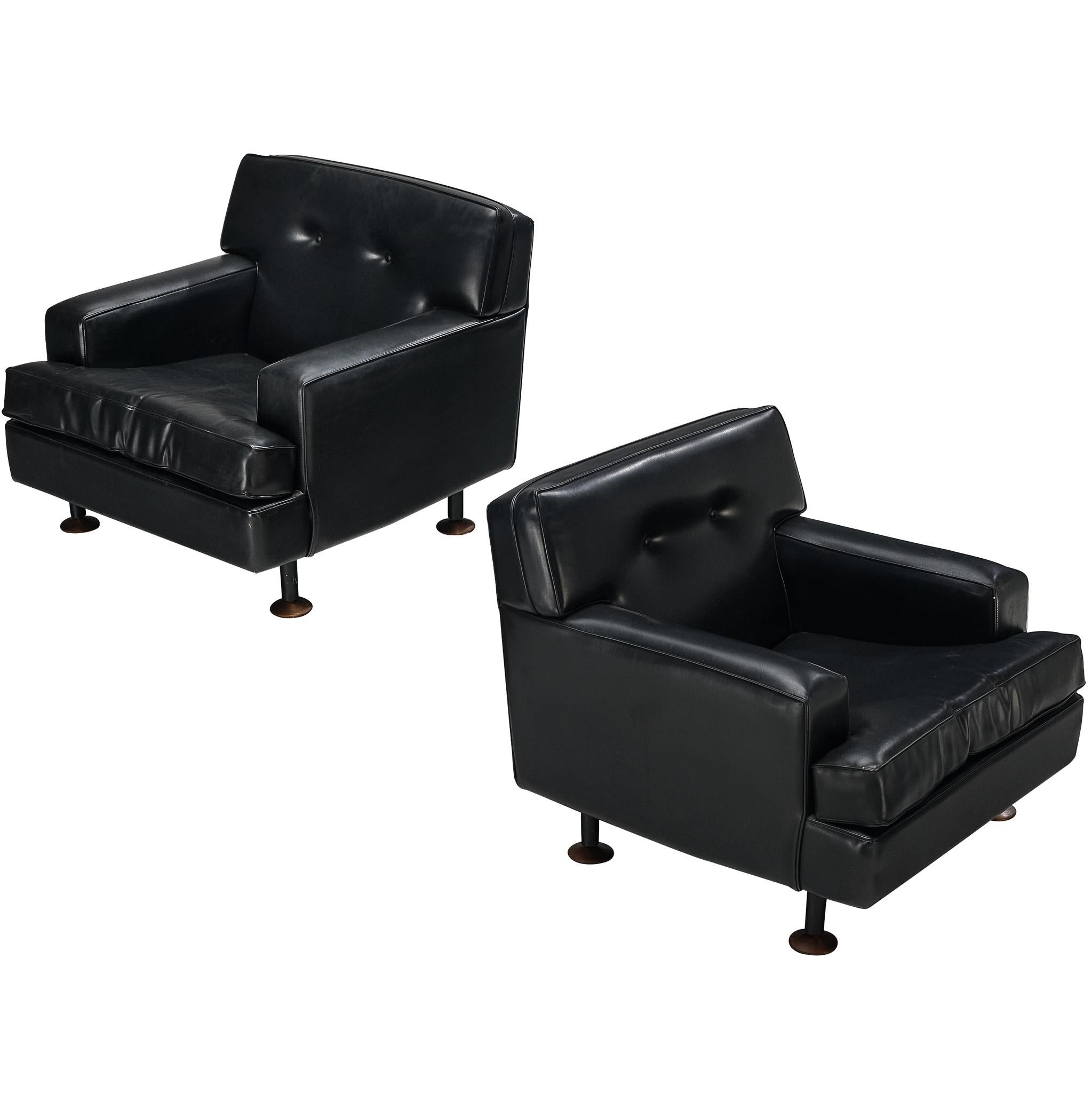 Marco Zanuso for Arflex Pair of ‘Square’ Lounge Chairs in Black Leather For Sale