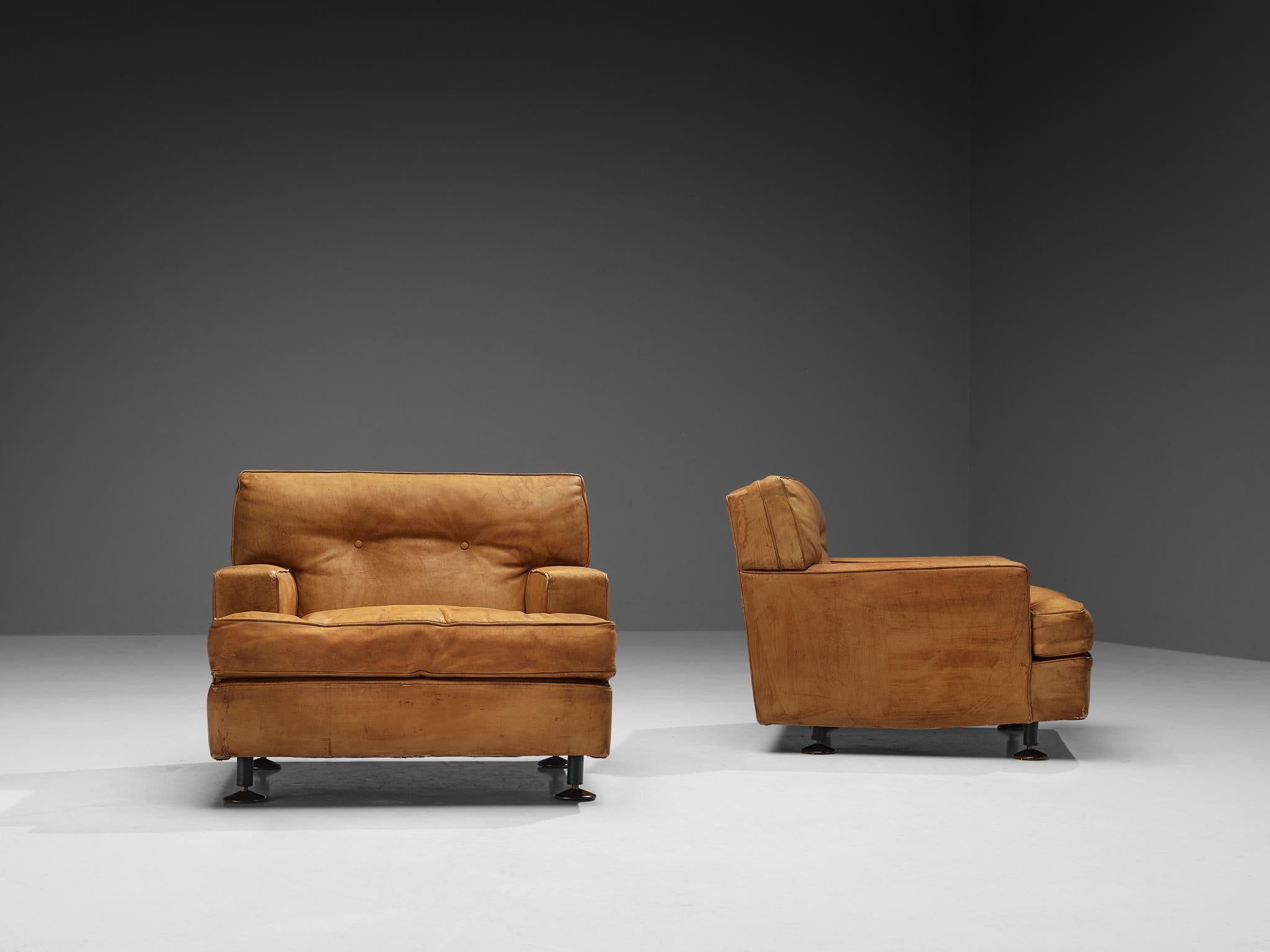Mid-Century Modern Marco Zanuso for Arflex Pair of ‘Square’ Lounge Chairs in Cognac Leather