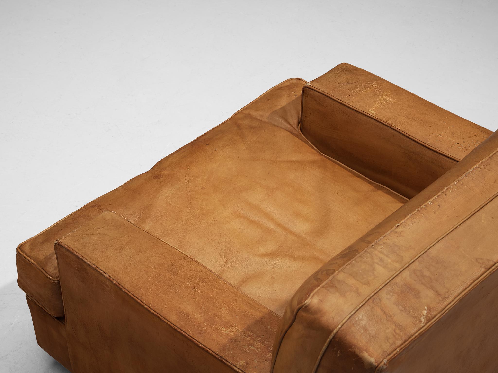 Italian Marco Zanuso for Arflex Pair of ‘Square’ Lounge Chairs in Cognac Leather