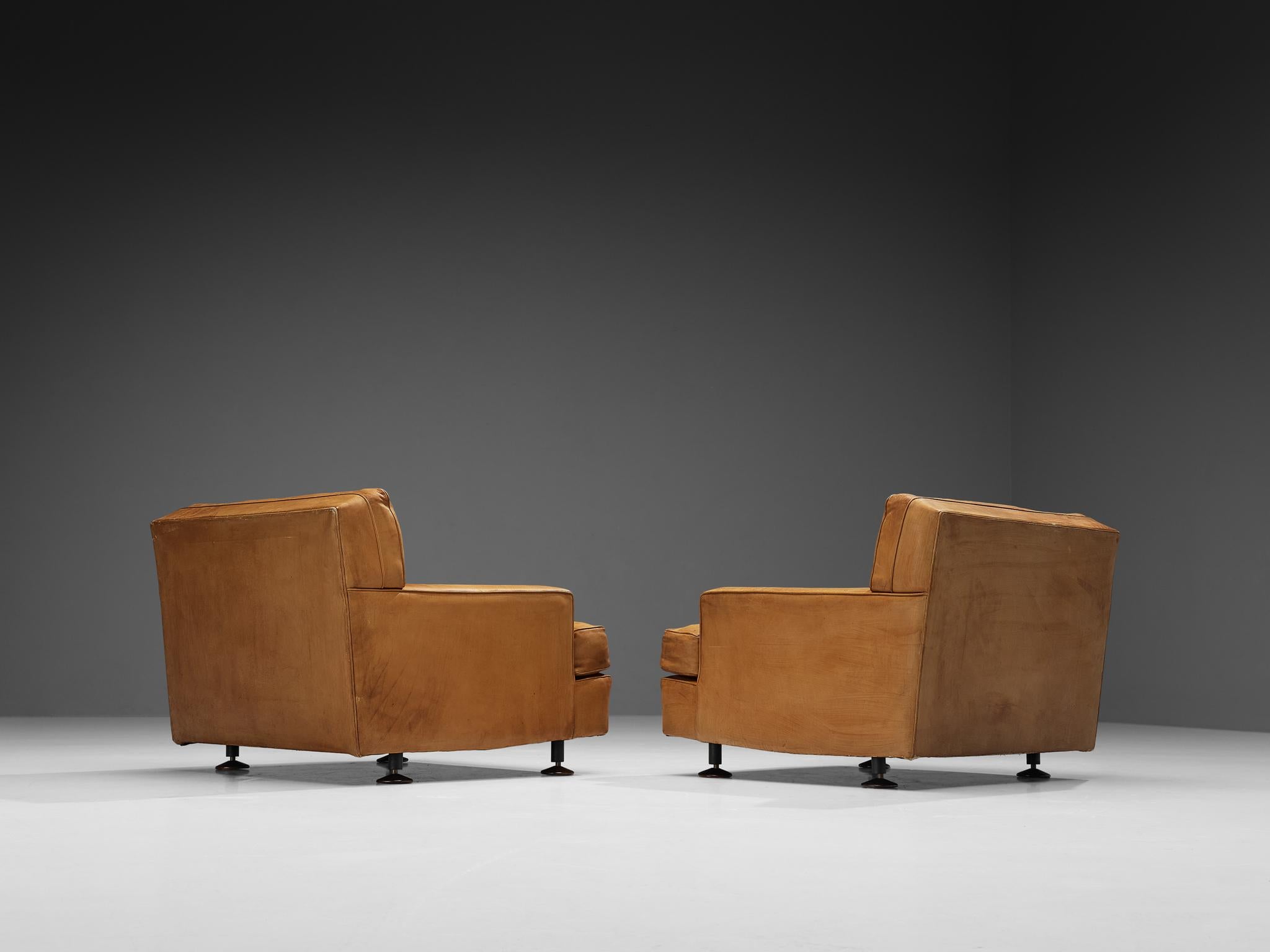 Marco Zanuso for Arflex Pair of ‘Square’ Lounge Chairs in Cognac Leather In Good Condition In Waalwijk, NL
