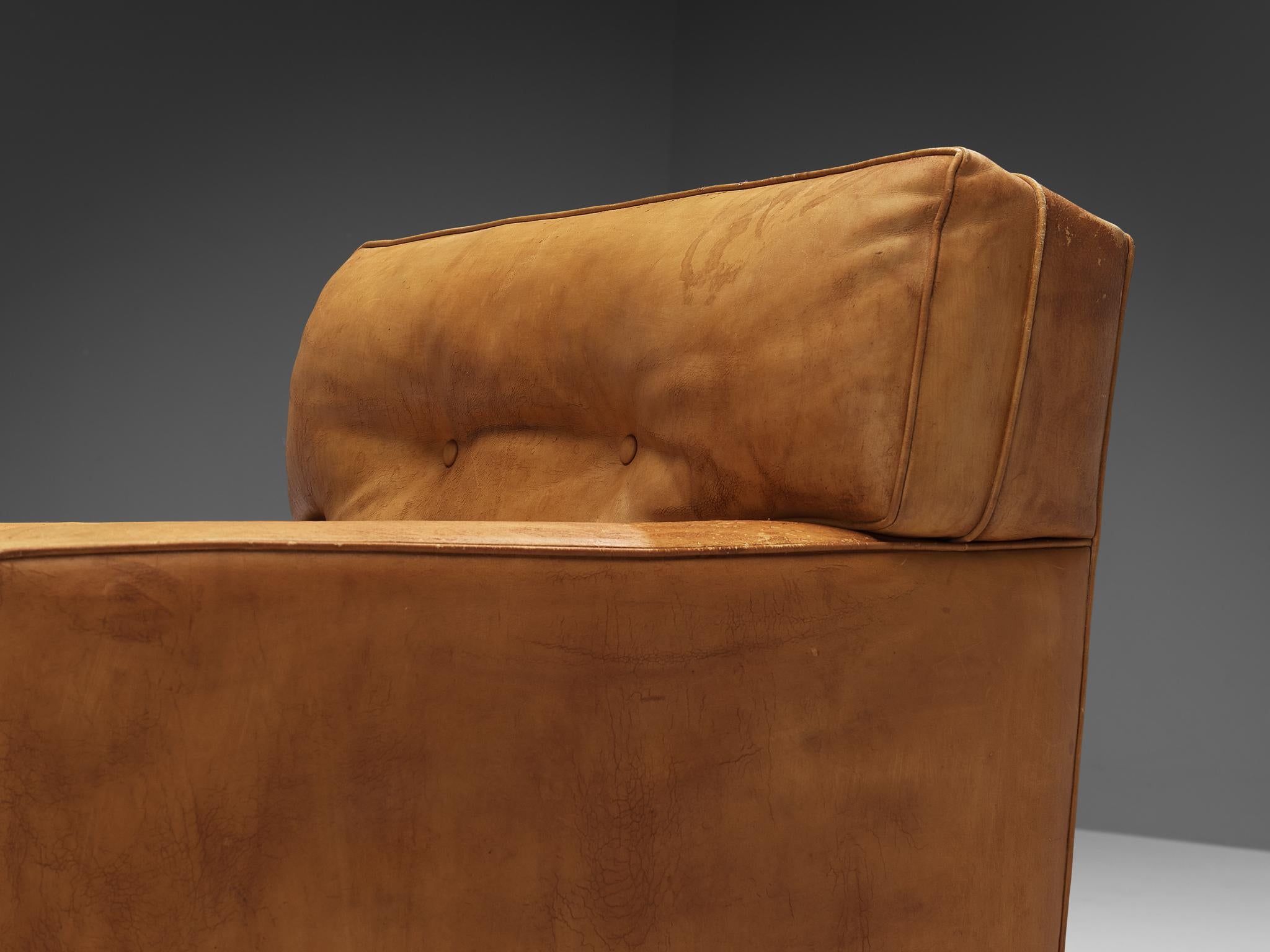 Mid-20th Century Marco Zanuso for Arflex Pair of ‘Square’ Lounge Chairs in Cognac Leather