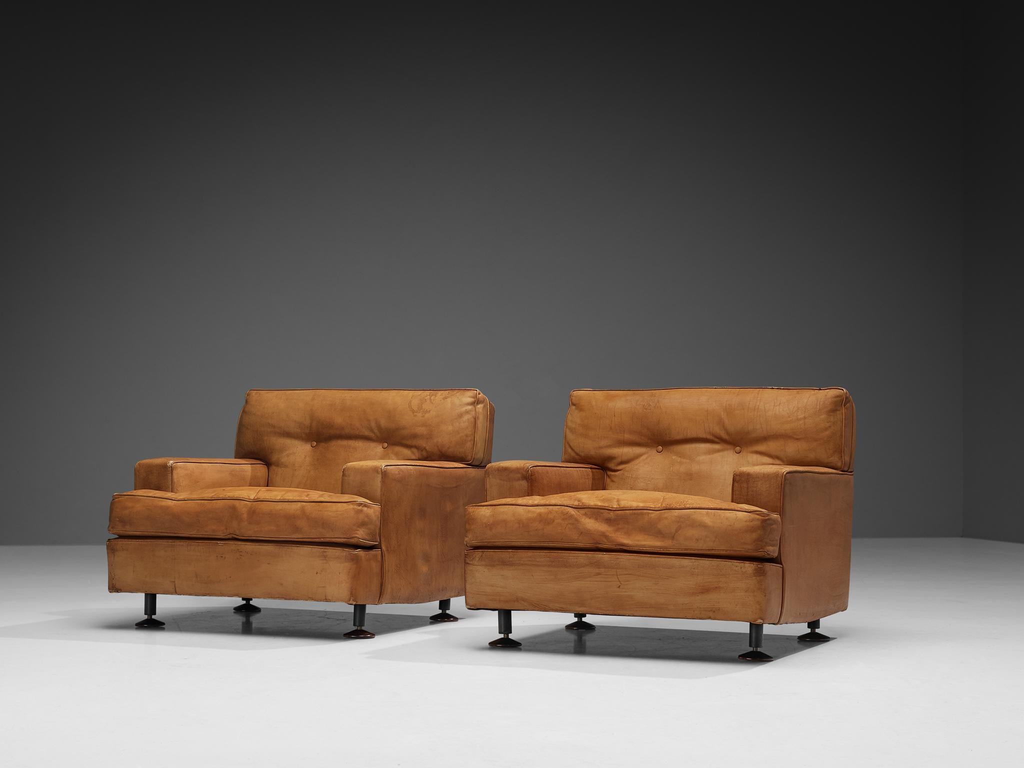 Metal Marco Zanuso for Arflex Pair of ‘Square’ Lounge Chairs in Cognac Leather