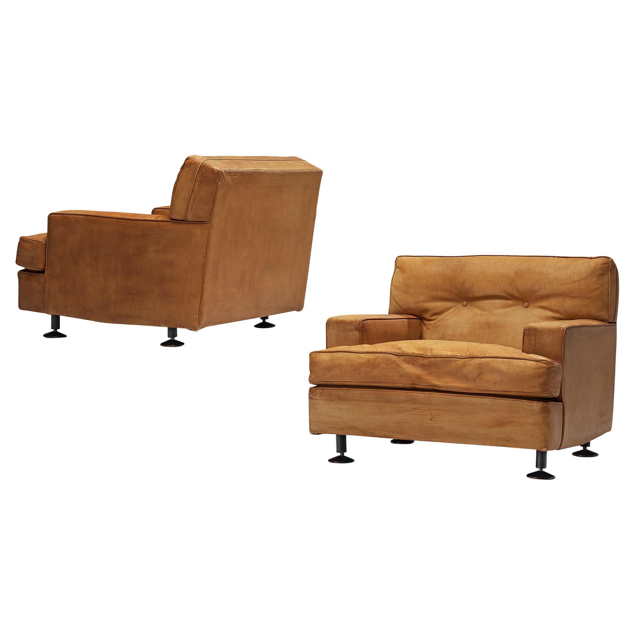 Marco Zanuso for Arflex Pair of ‘Square’ Lounge Chairs in Cognac Leather