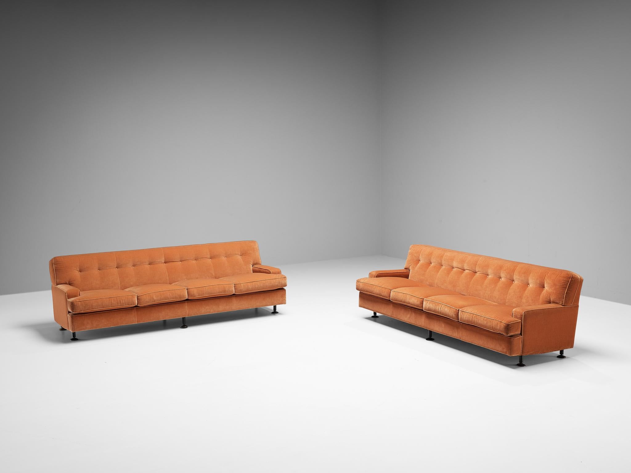 Mid-Century Modern Marco Zanuso for Arflex Pair of 'Square' Sofas in Salmon Pink Corduroy  For Sale