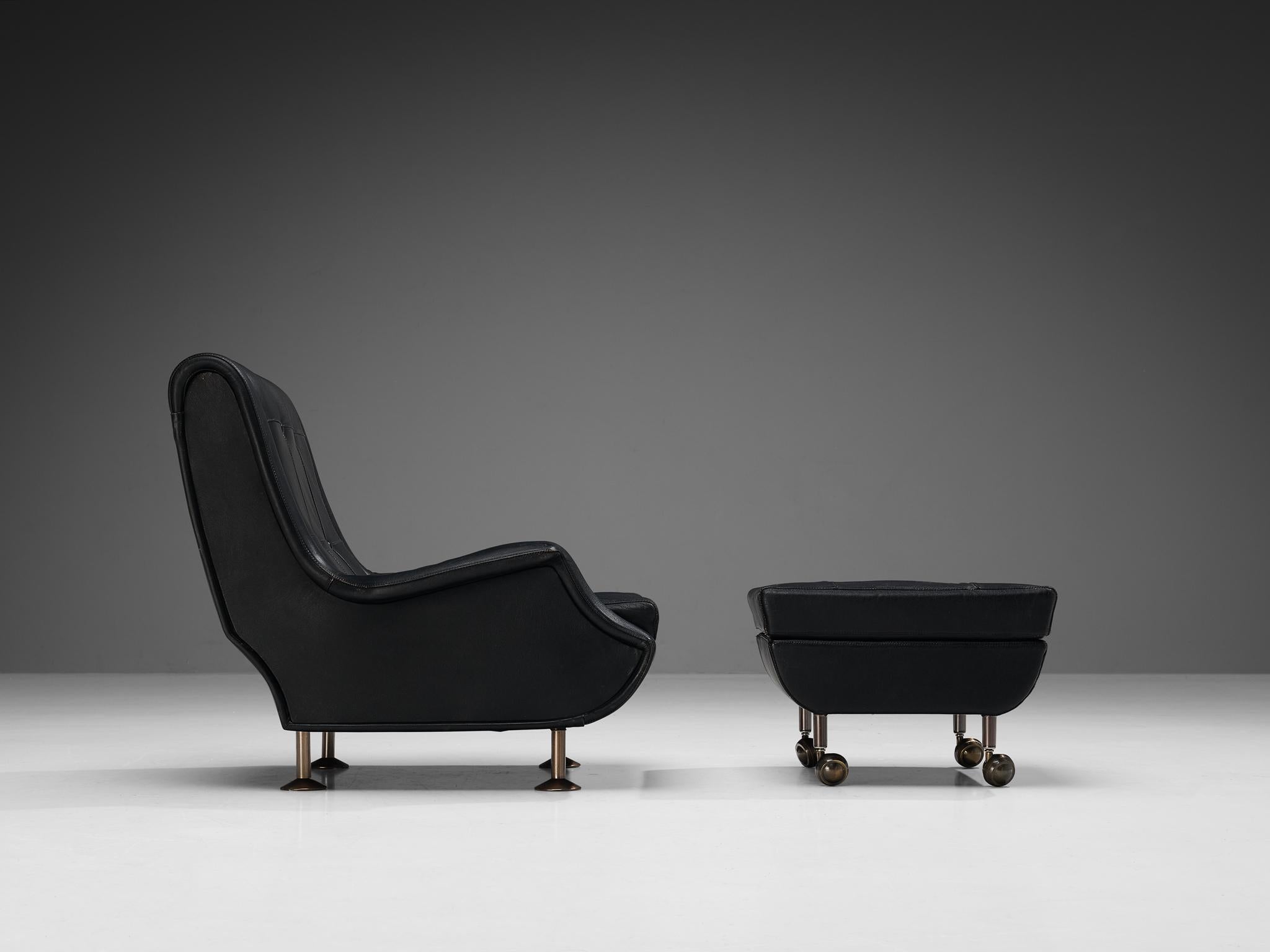 Marco Zanuso for Arflex 'Regent' Lounge Chair and Ottoman in Black Leather  In Good Condition For Sale In Waalwijk, NL