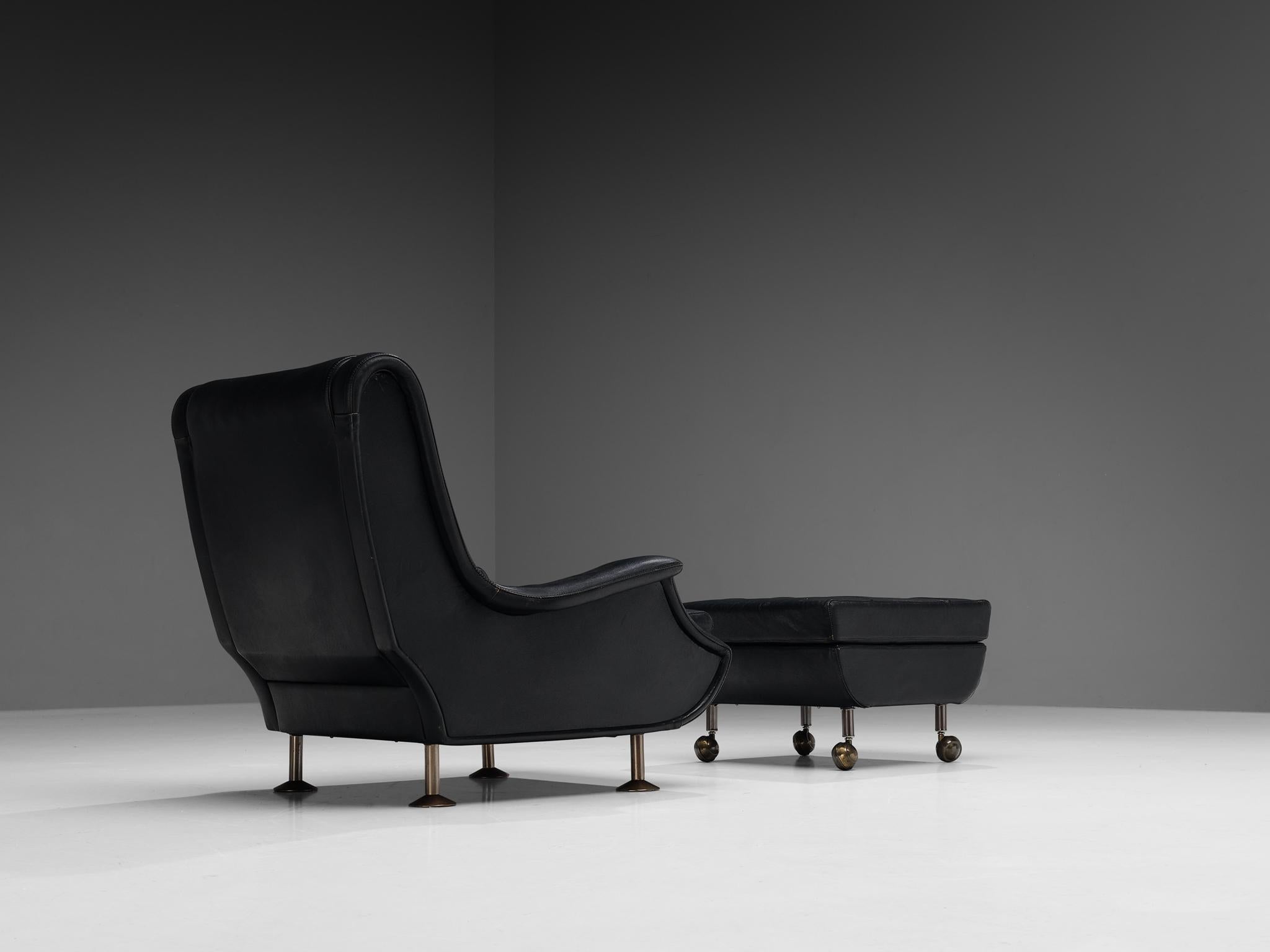 Metal Marco Zanuso for Arflex 'Regent' Lounge Chair and Ottoman in Black Leather  For Sale