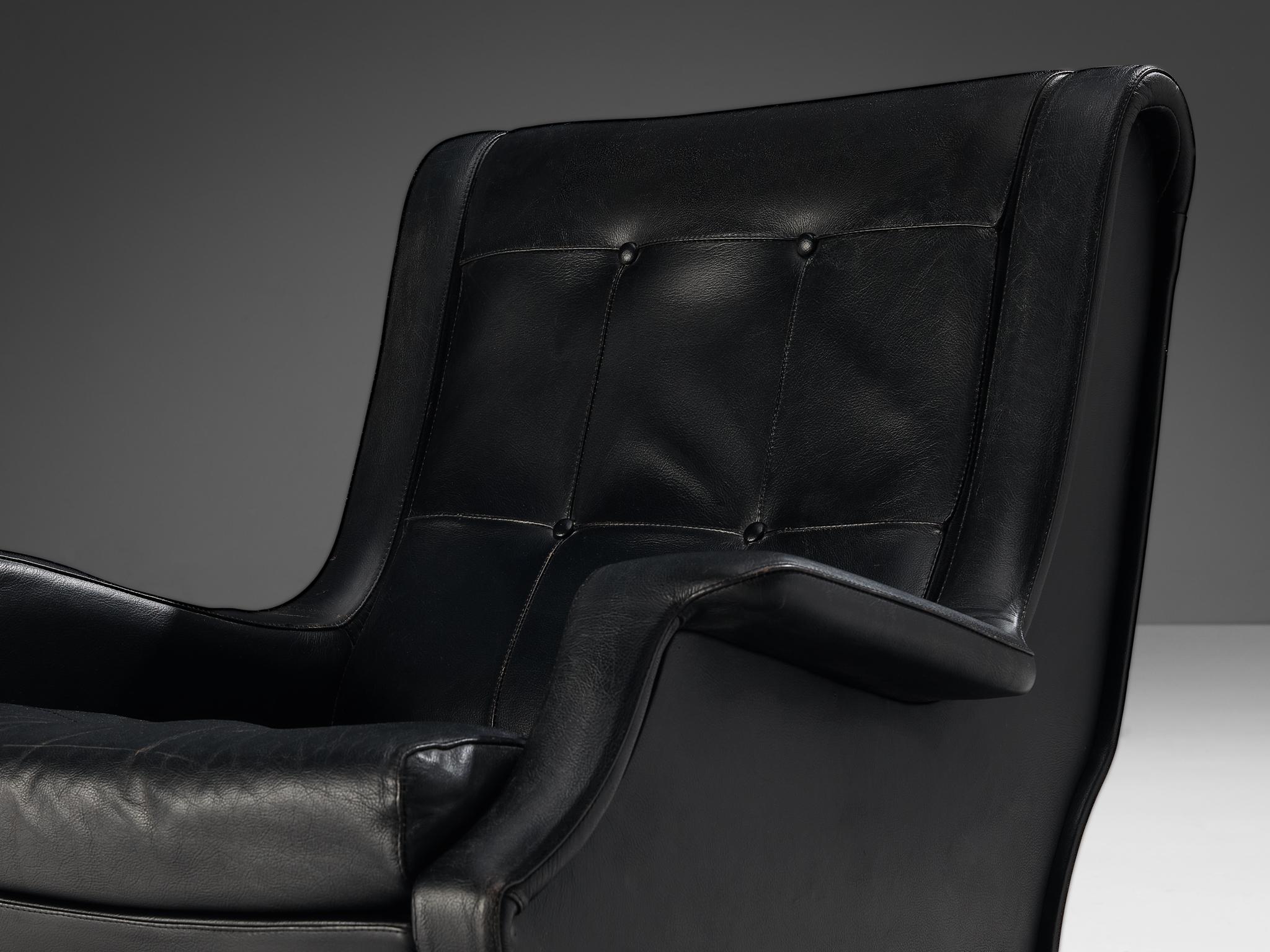Marco Zanuso for Arflex 'Regent' Lounge Chair and Ottoman in Black Leather  For Sale 1