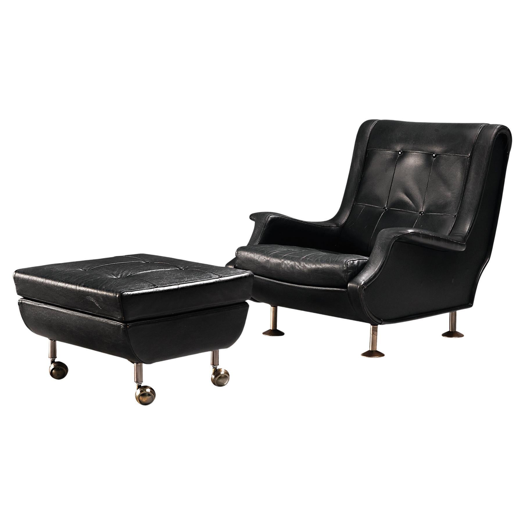 Marco Zanuso for Arflex 'Regent' Lounge Chair and Ottoman in Black Leather  For Sale