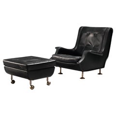 Vintage Marco Zanuso for Arflex 'Regent' Lounge Chair and Ottoman in Black Leather 