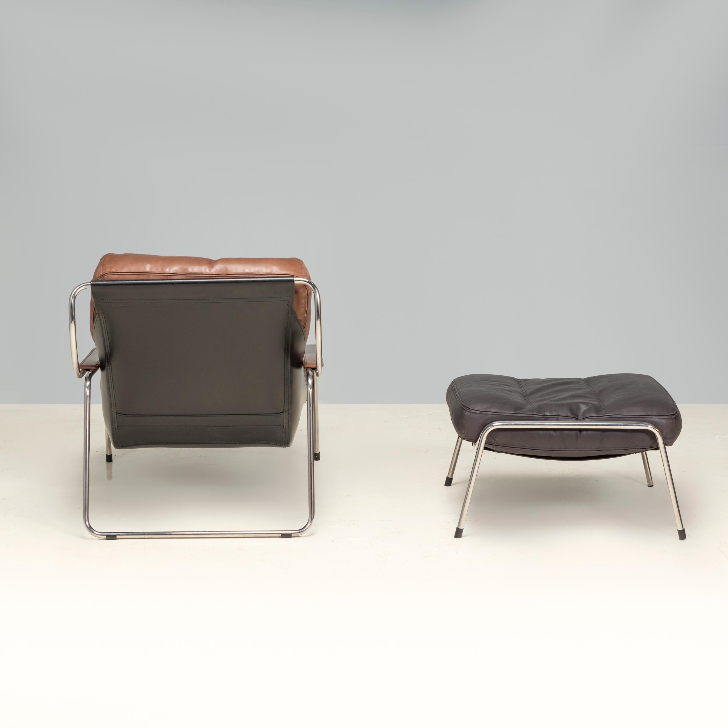 Italian Marco Zanuso for Zanotta Brown Leather Maggiolina Lounge Chair & Footstool For Sale