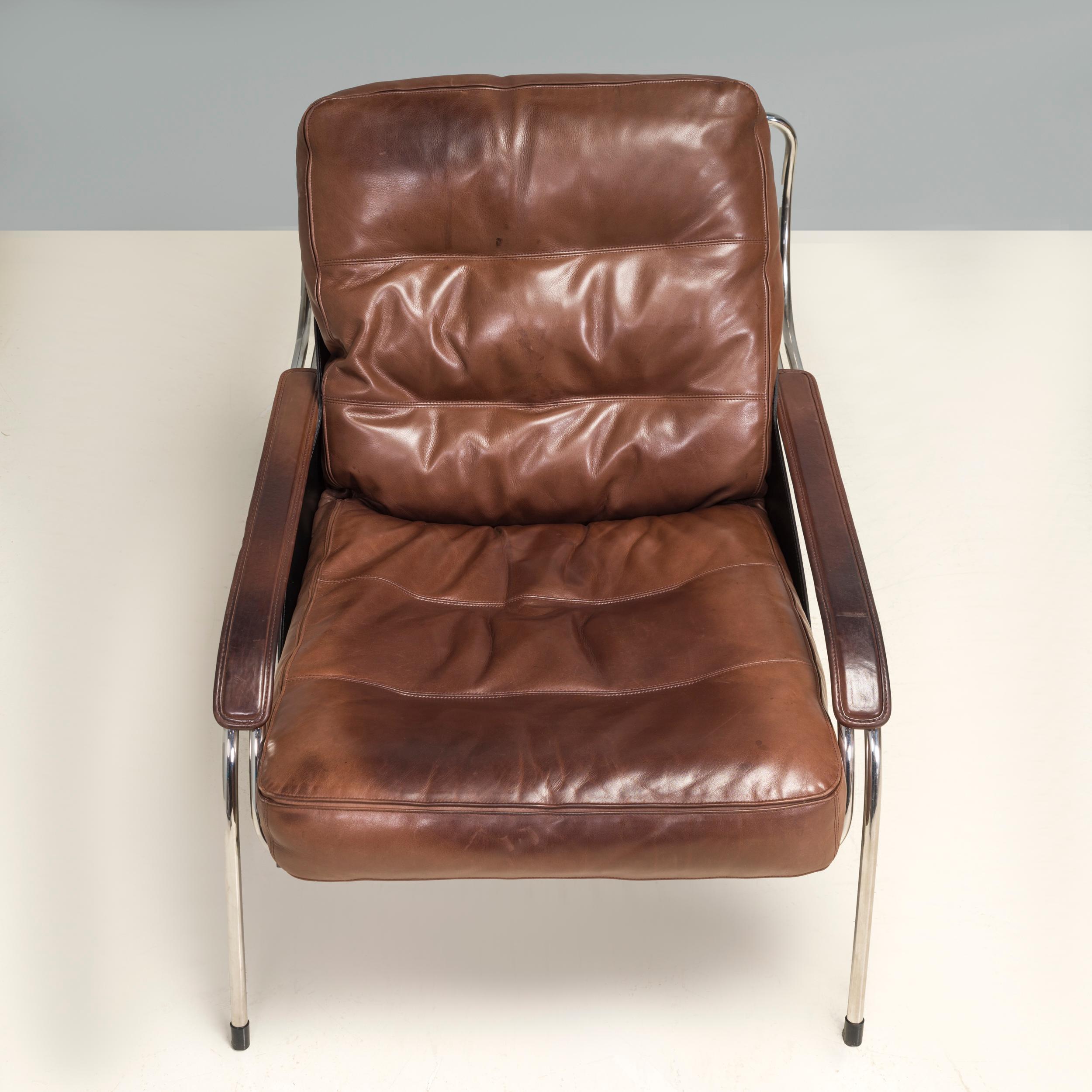 Marco Zanuso for Zanotta Brown Leather Maggiolina Lounge Chair & Footstool In Good Condition In Basildon, London