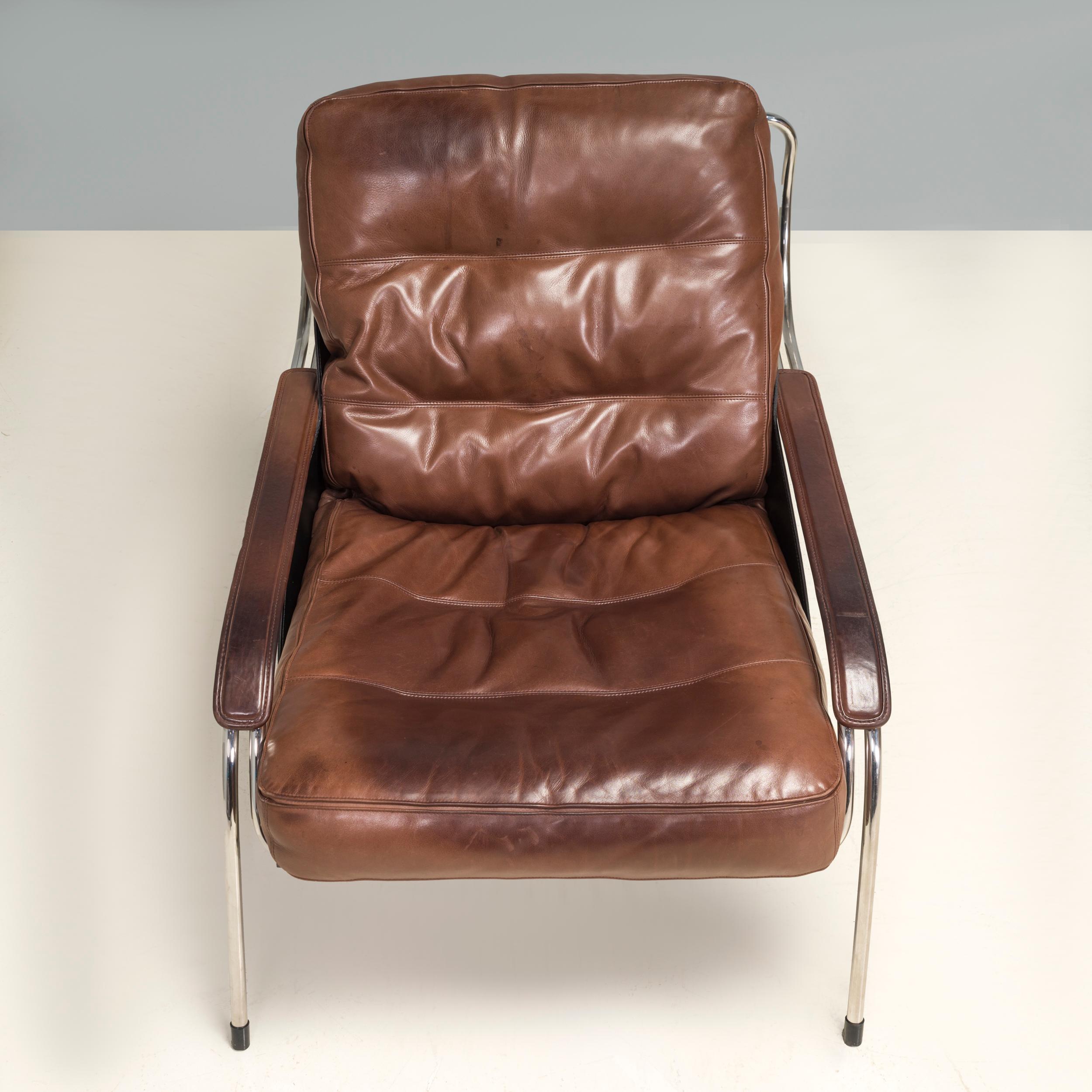 Marco Zanuso for Zanotta Brown Leather Maggiolina Lounge Chair & Footstool In Good Condition For Sale In London, GB