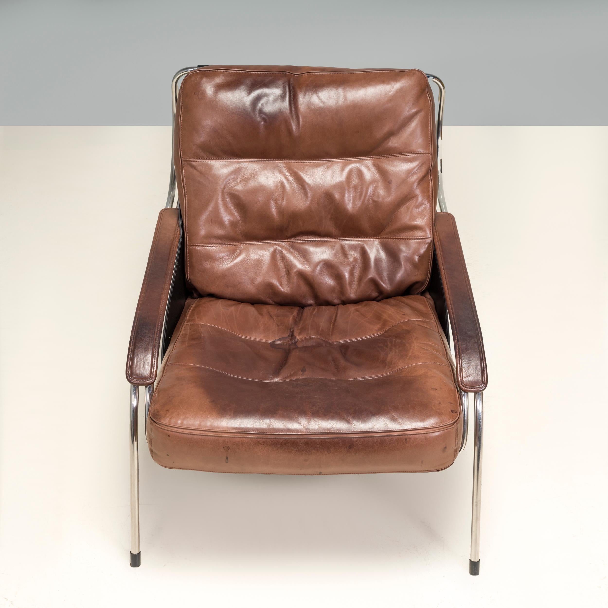 Late 20th Century Marco Zanuso for Zanotta Brown Leather Maggiolina Lounge Chair & Footstool For Sale