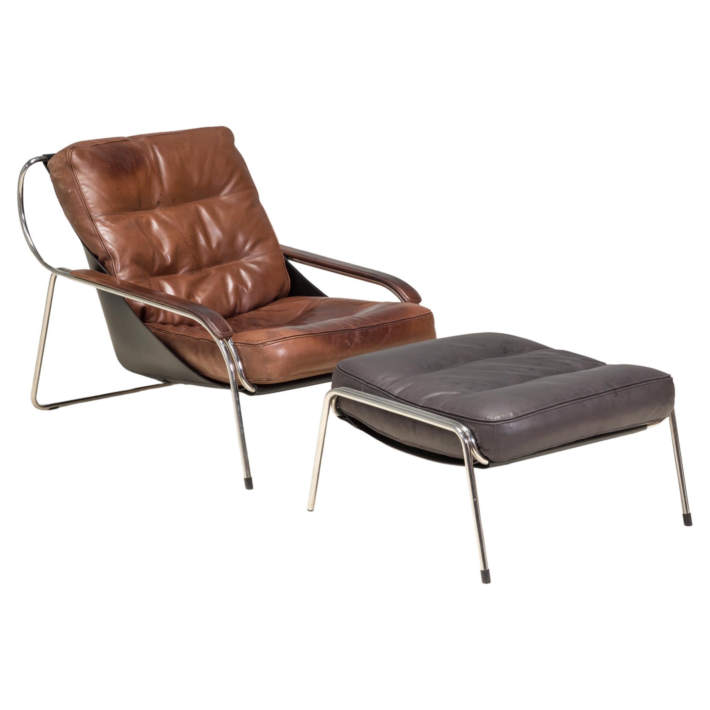 Marco Zanuso for Zanotta Brown Leather Maggiolina Lounge Chair & Footstool For Sale