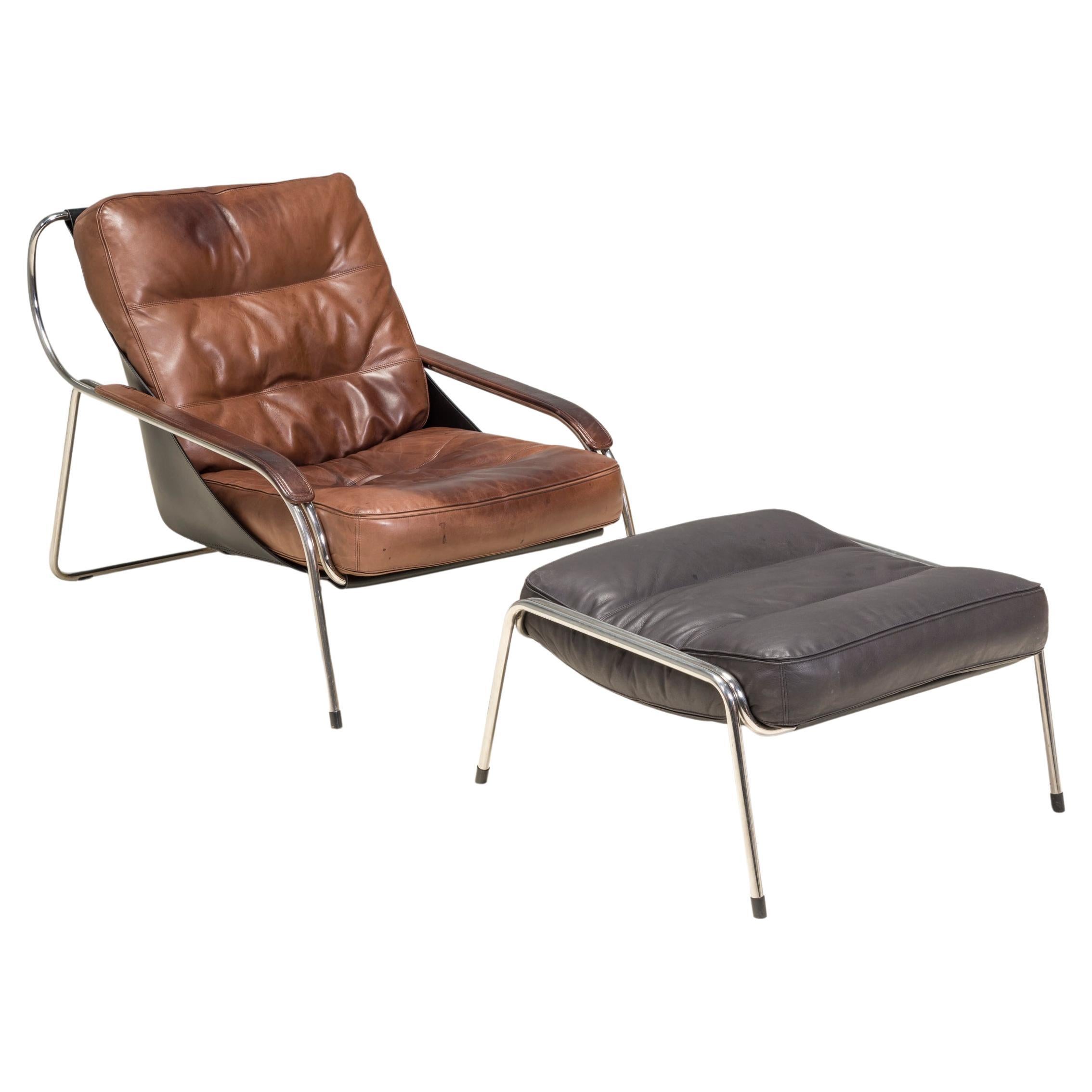 Marco Zanuso pour Zanotta Chaise longue et pouf en cuir Brown Maggiolina en vente