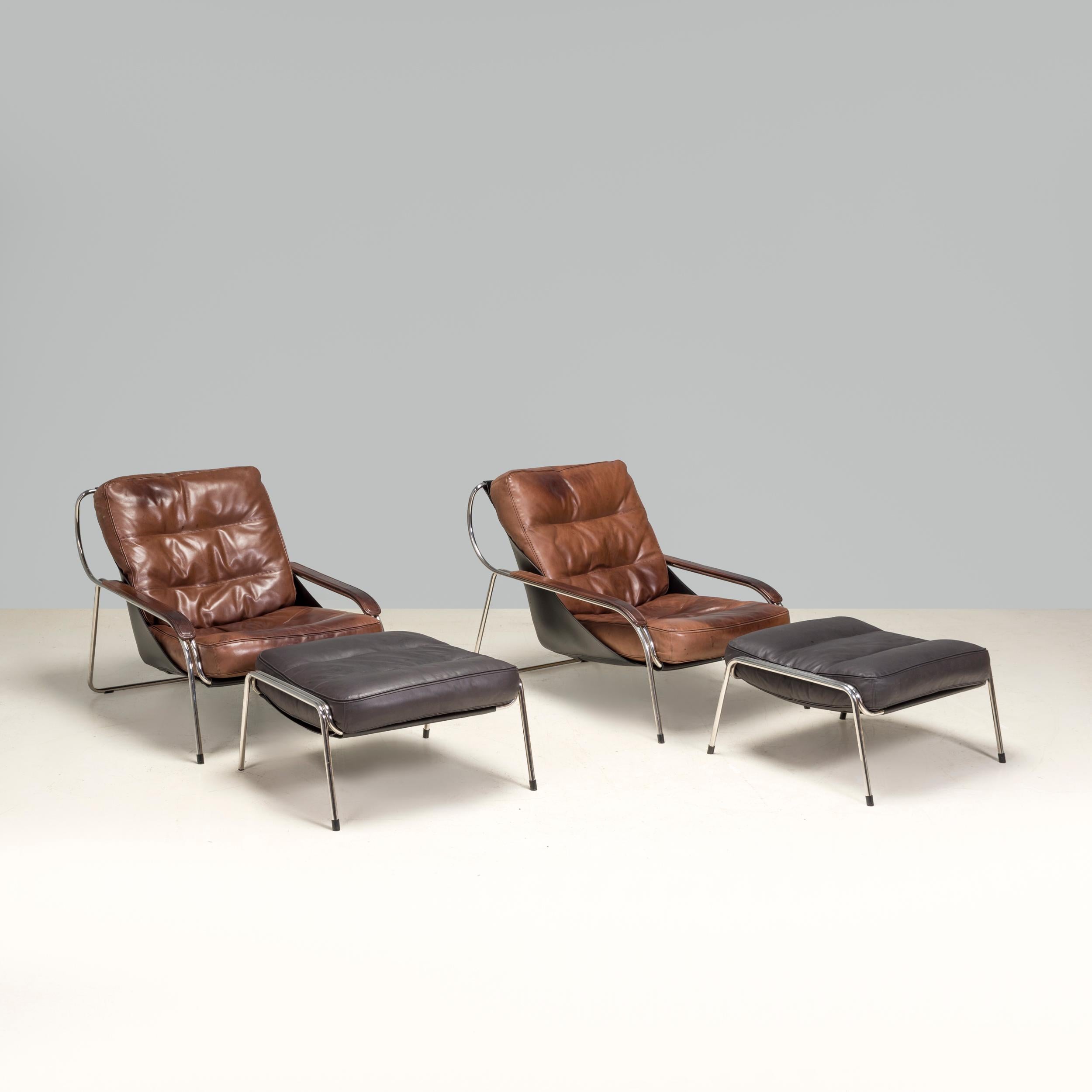 Italian Marco Zanuso for Zanotta Leather Maggiolina Lounge Chair & Footstool, Set of 2 For Sale