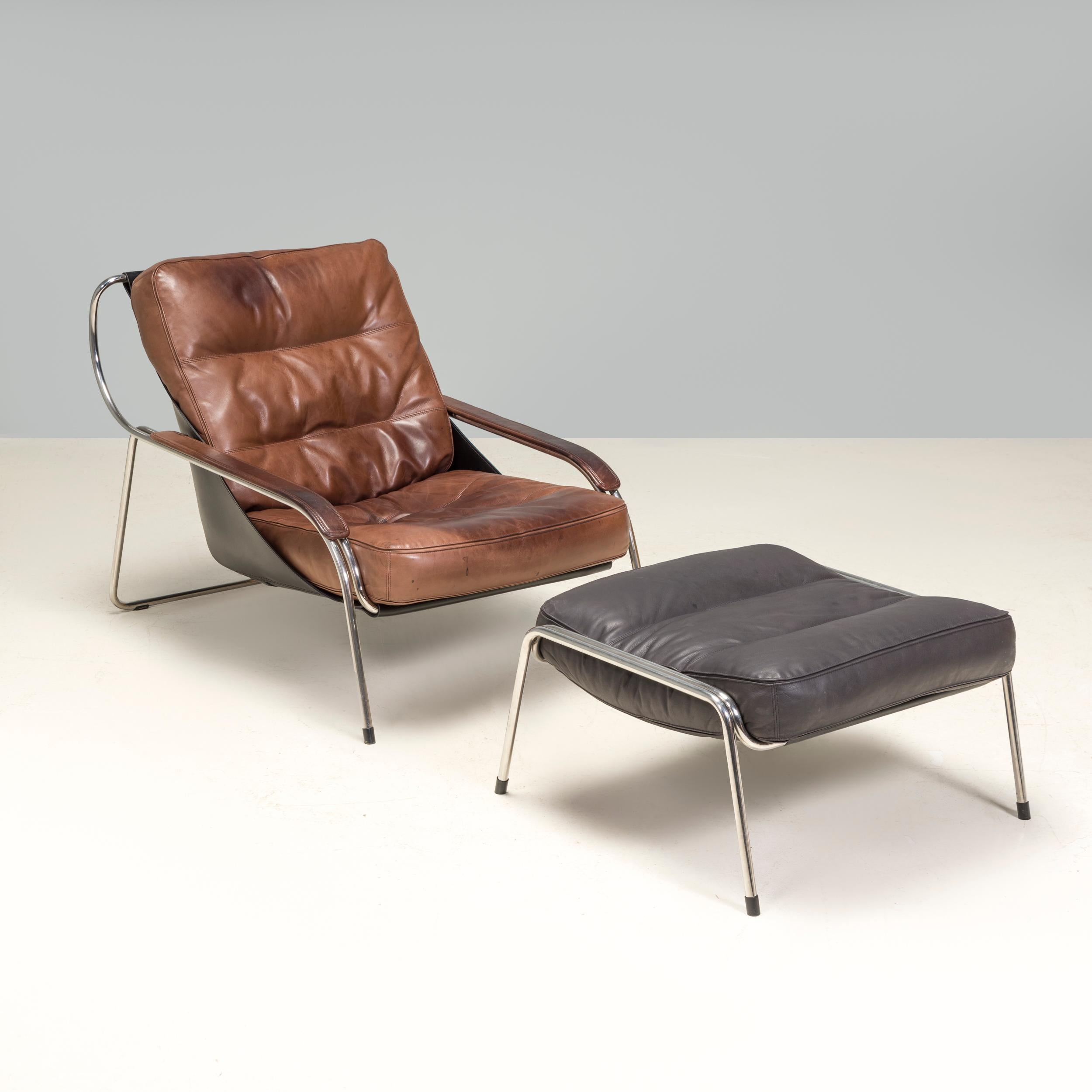 Marco Zanuso for Zanotta Leather Maggiolina Lounge Chair & Footstool, Set of 2 In Good Condition For Sale In London, GB