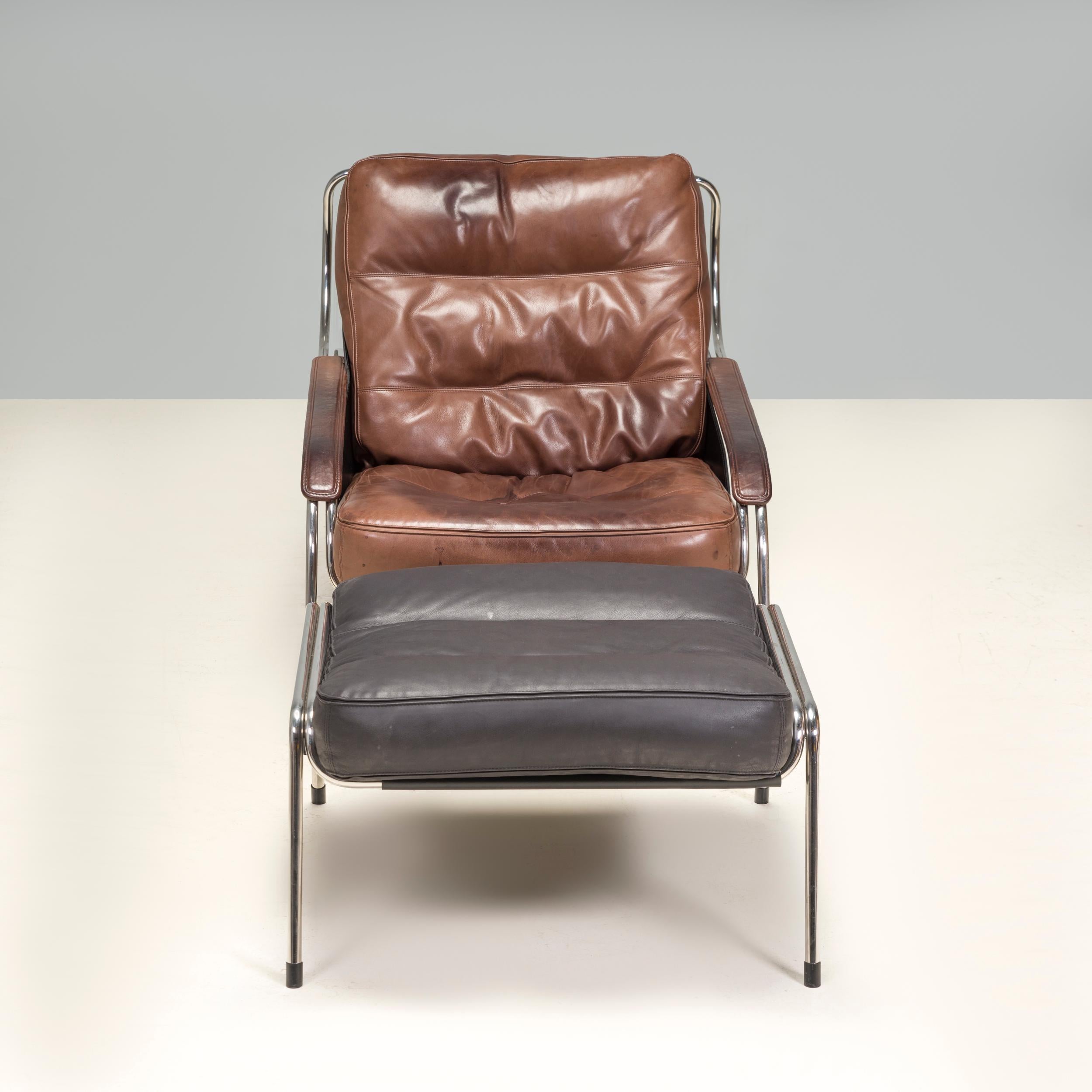 Late 20th Century Marco Zanuso for Zanotta Leather Maggiolina Lounge Chair & Footstool, Set of 2 For Sale