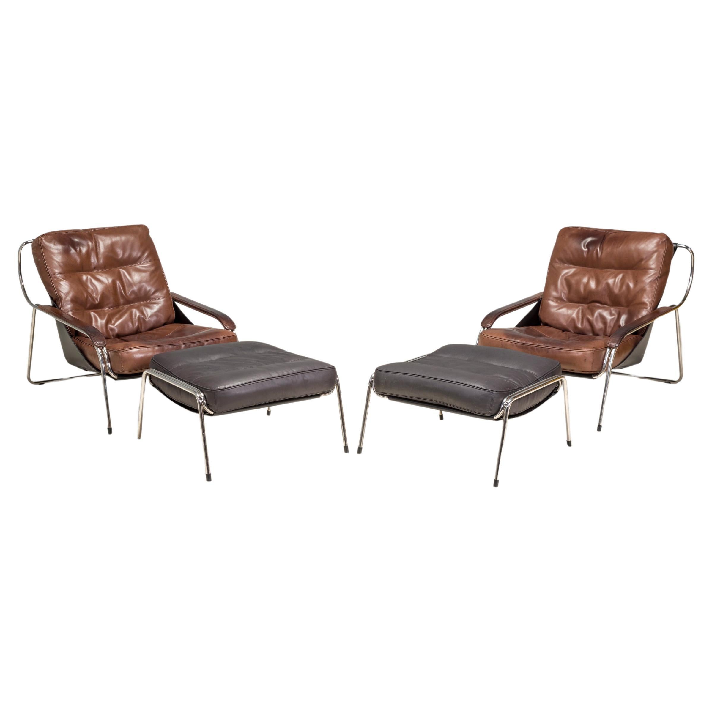Marco Zanuso for Zanotta Leather Maggiolina Lounge Chair & Footstool, Set of 2 For Sale