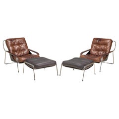 Retro Marco Zanuso for Zanotta Leather Maggiolina Lounge Chair & Footstool, Set of 2