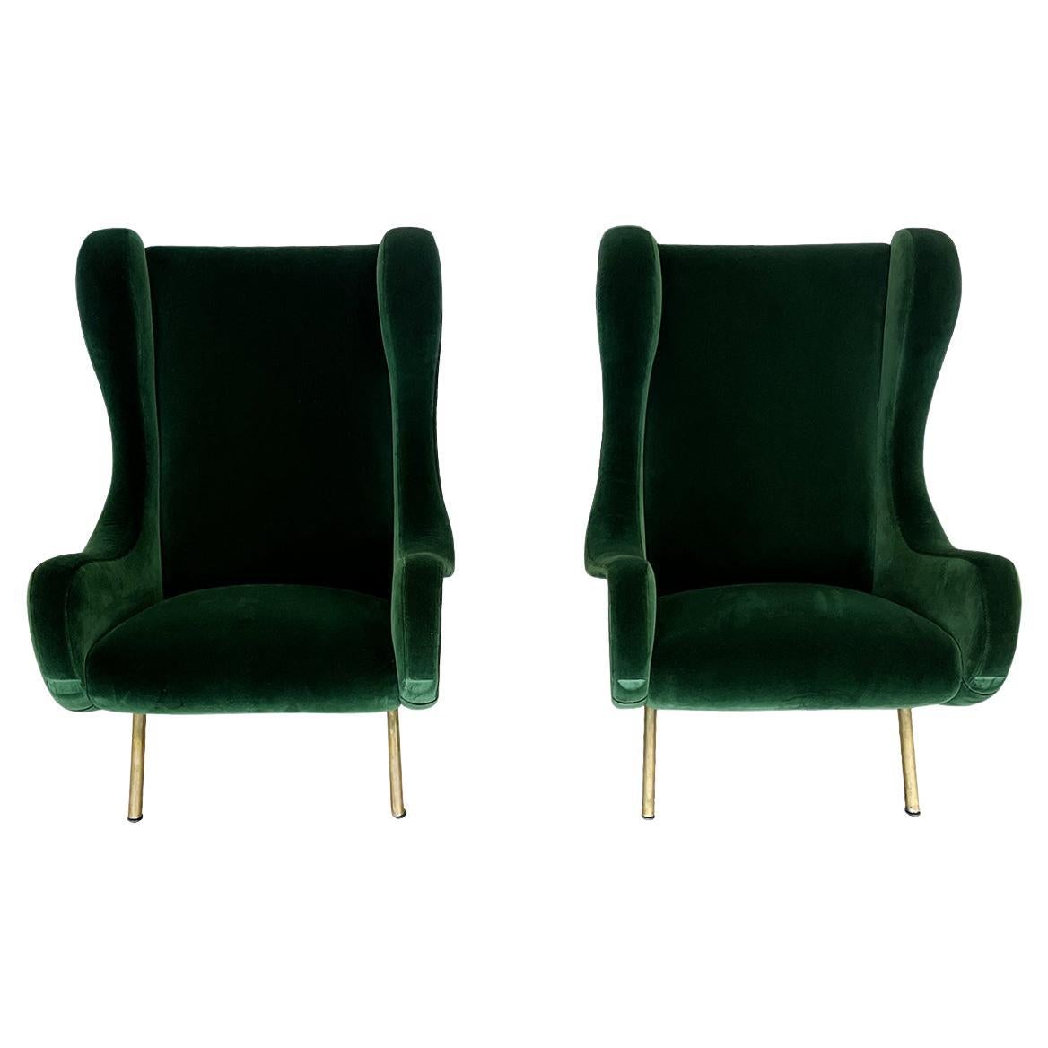 Paire de chaises longues "Senior" en velours de Mohair vert de Marco Zanuso