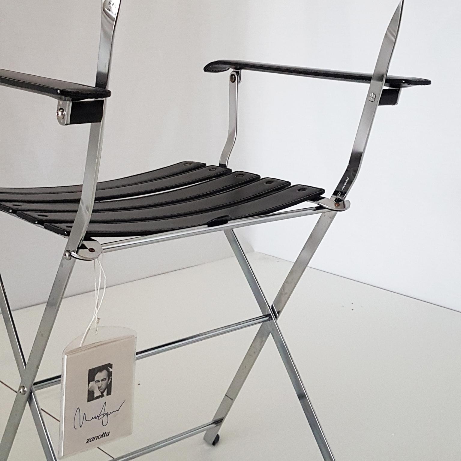 Marco Zanuso Italian Zanotta Black Leather Folding Chair with Steel Structure For Sale 10