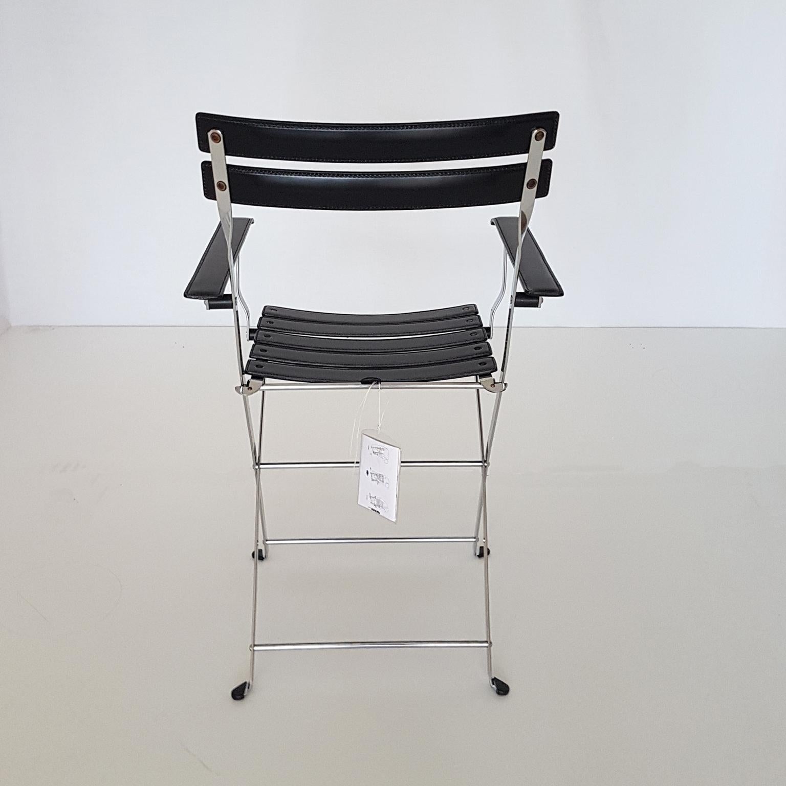 Marco Zanuso Italian Zanotta Black Leather Folding Chair with Steel Structure For Sale 14