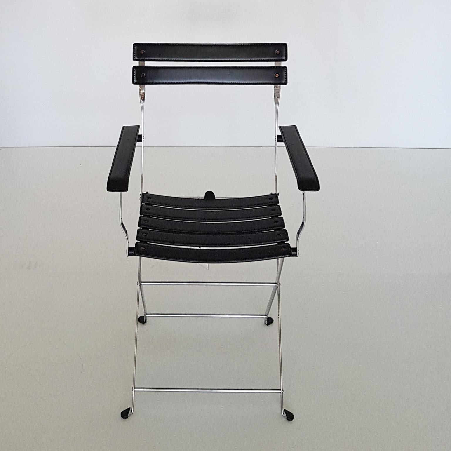 Marco Zanuso Italian Zanotta Black Leather Folding Chair with Steel Structure For Sale 15