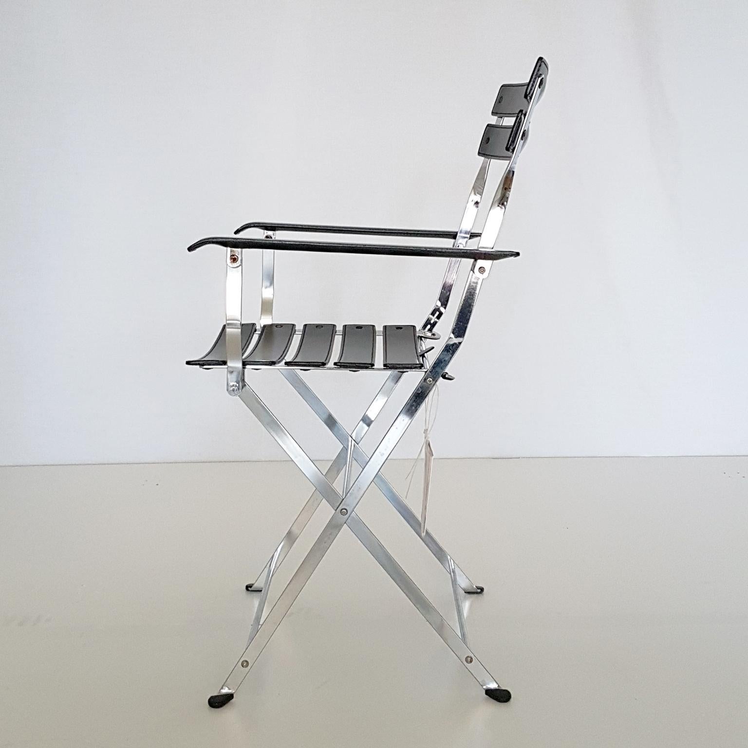 Post-Modern Marco Zanuso Italian Zanotta Black Leather Folding Chair with Steel Structure For Sale