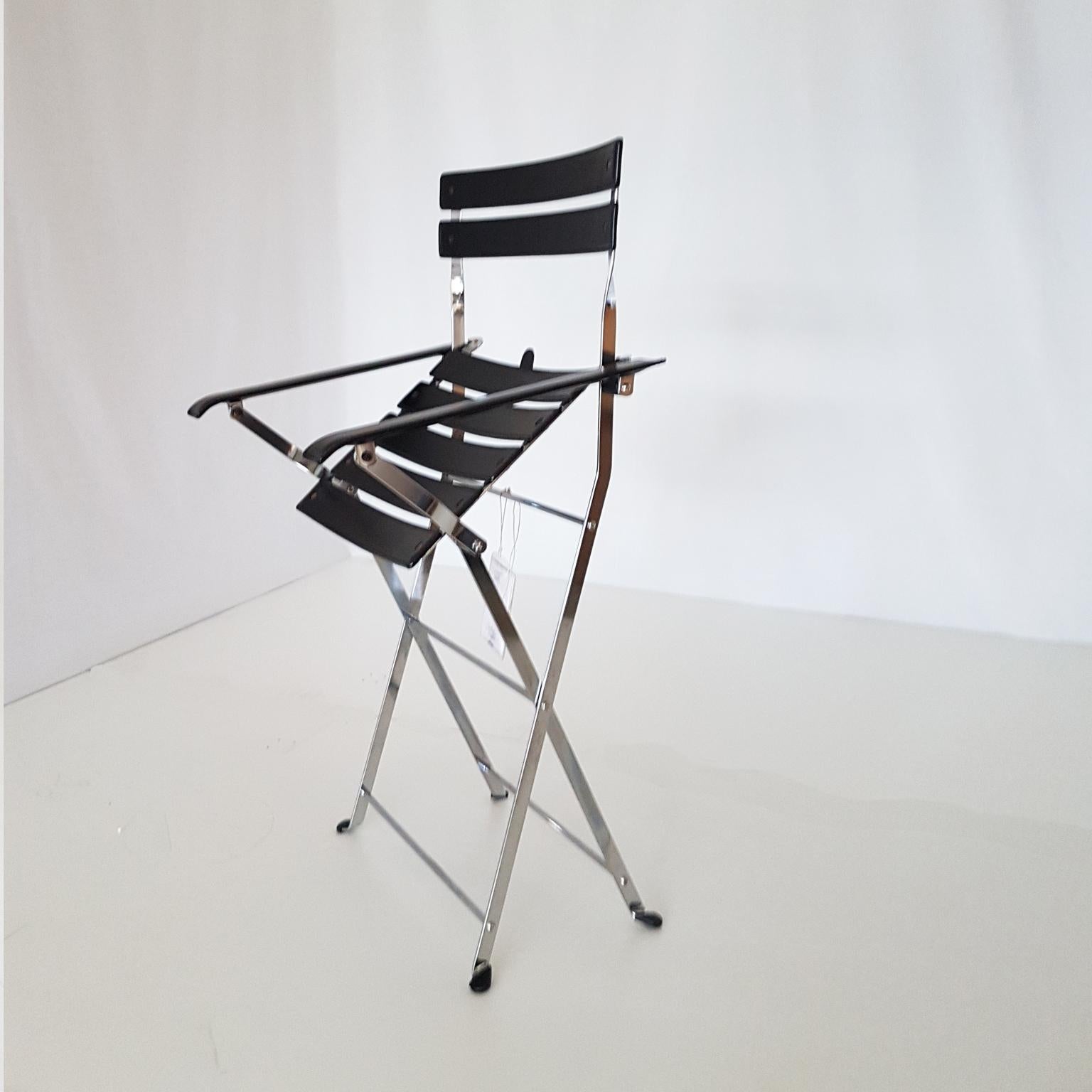 Marco Zanuso Italian Zanotta Black Leather Folding Chair with Steel Structure In Excellent Condition For Sale In Mornico al Serio ( BG), Lombardia