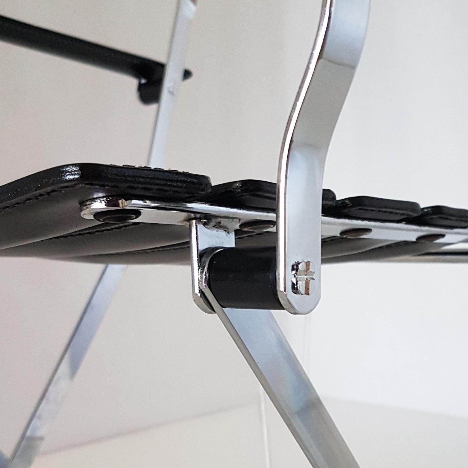Marco Zanuso Italian Zanotta Black Leather Folding Chair with Steel Structure For Sale 4